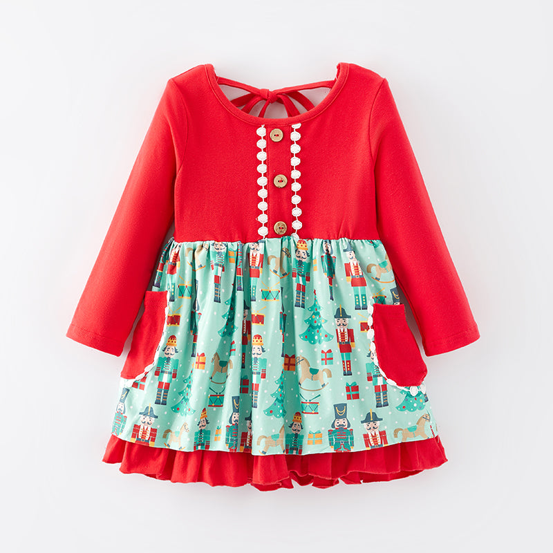 （In Stock G25-1-1）Girls Christmas Nutcracker Print Dress