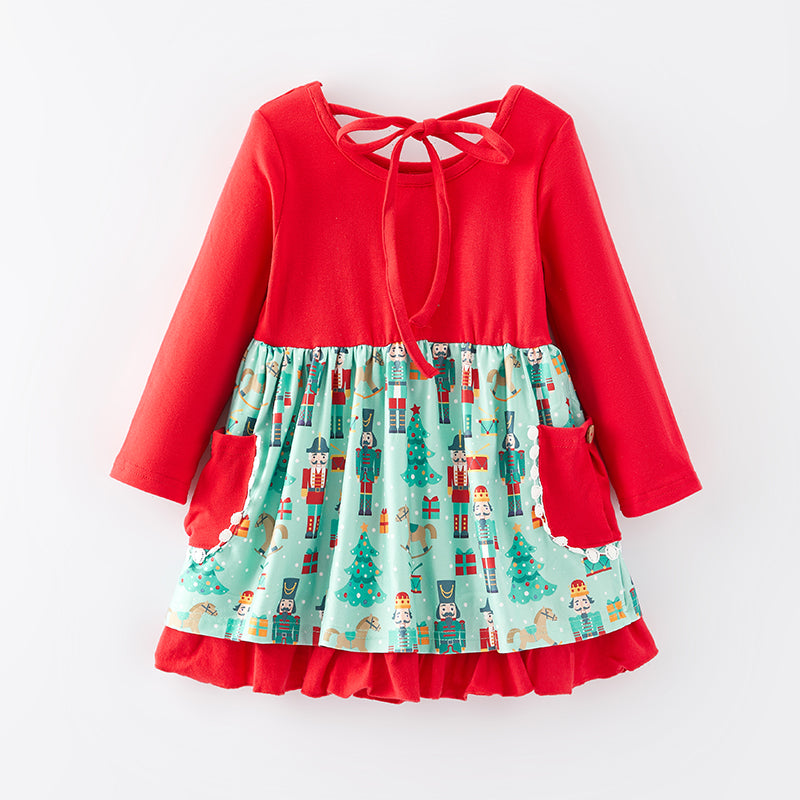 （In Stock G25-1-1）Girls Christmas Nutcracker Print Dress