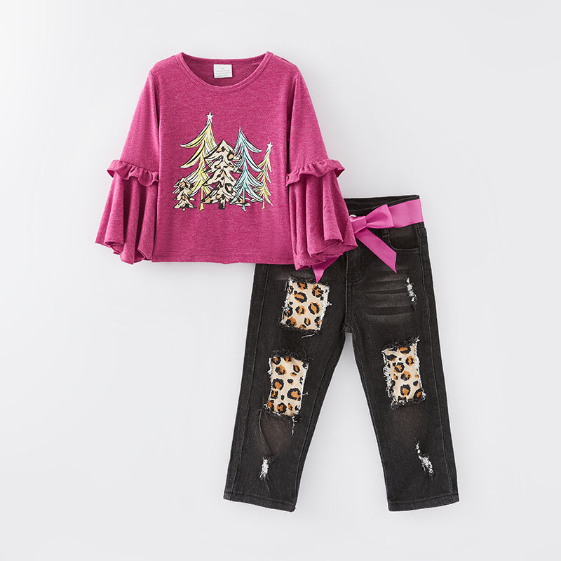 （In Stock G33-3-2）Girls Christmas Print Denim Set