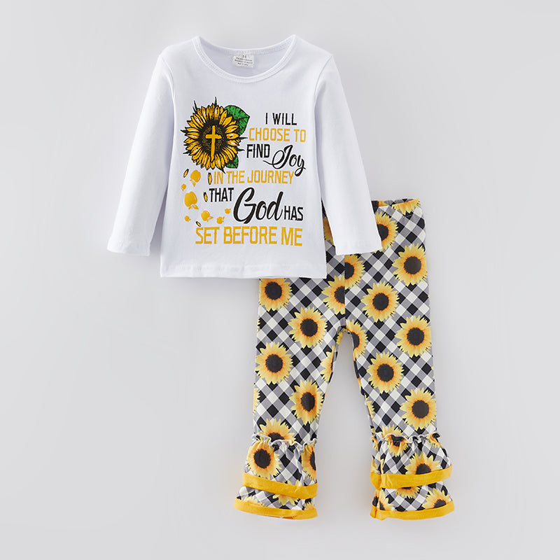 （In Stock G19-2-2）Girls Fall Sunflower Print Outfit Set