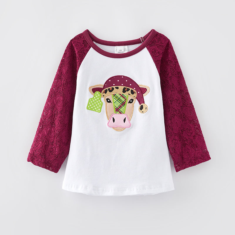 （In Stock L10-3-1）Girls Fall Cow Applique Top