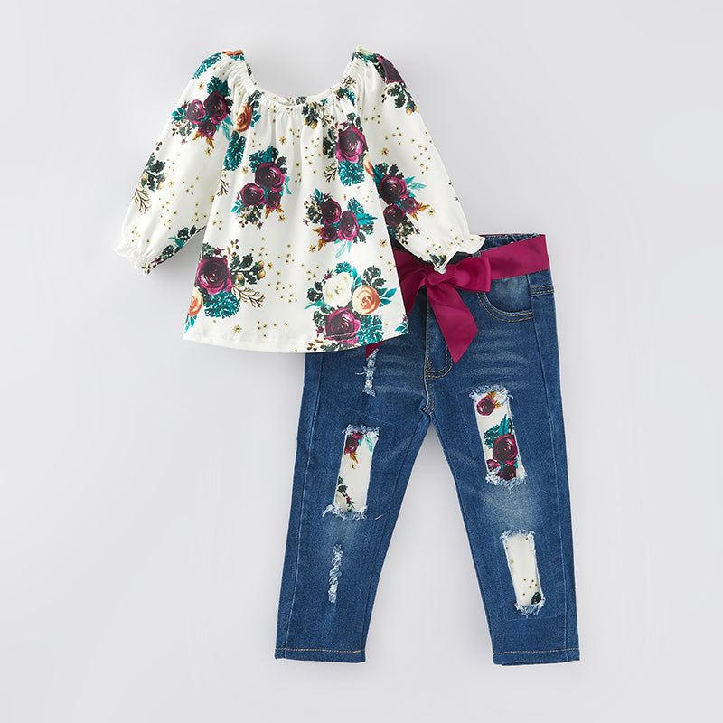 （In Stock G20-1-3）Girls Fall Floral Print Denim Set