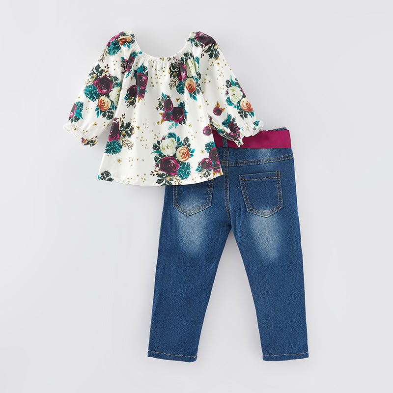 （In Stock G20-1-3）Girls Fall Floral Print Denim Set