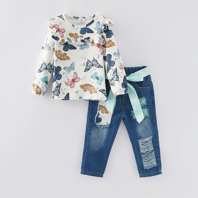 （In Stock G19-5-3）Girls Fall Butterfly Print Denim Set