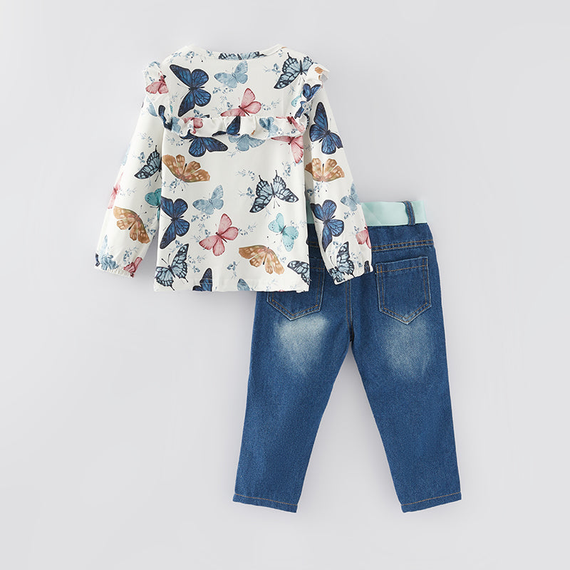 （In Stock G19-5-3）Girls Fall Butterfly Print Denim Set