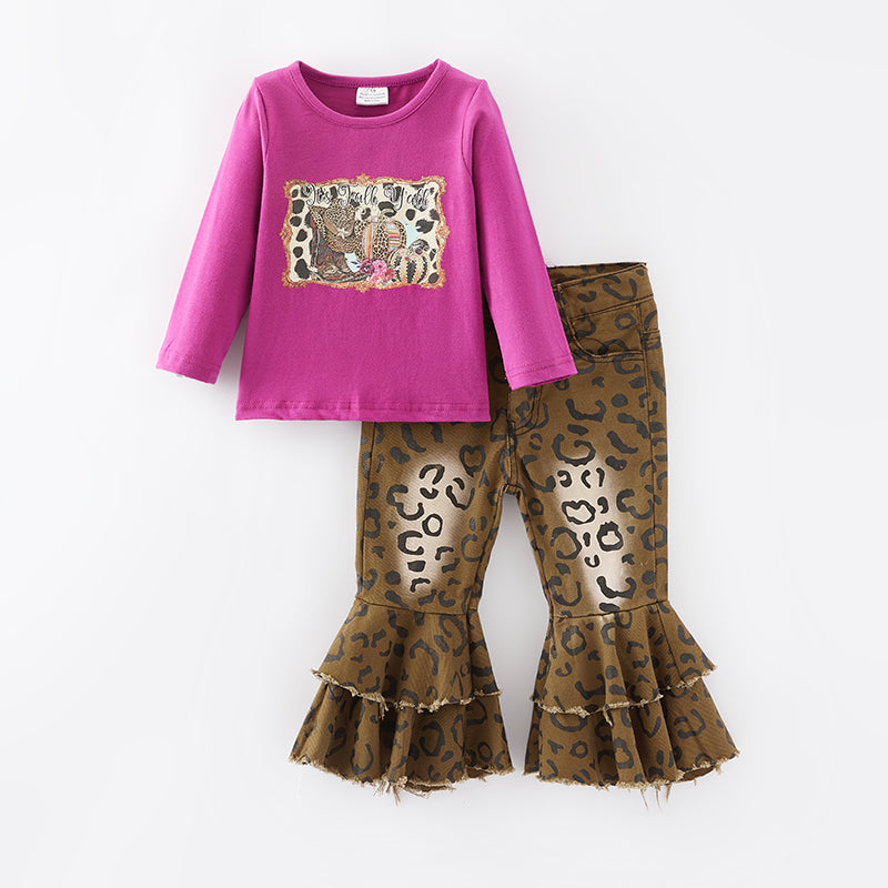 （In Stock G19-1-3）Girls Fall Leopard Print Denim Set