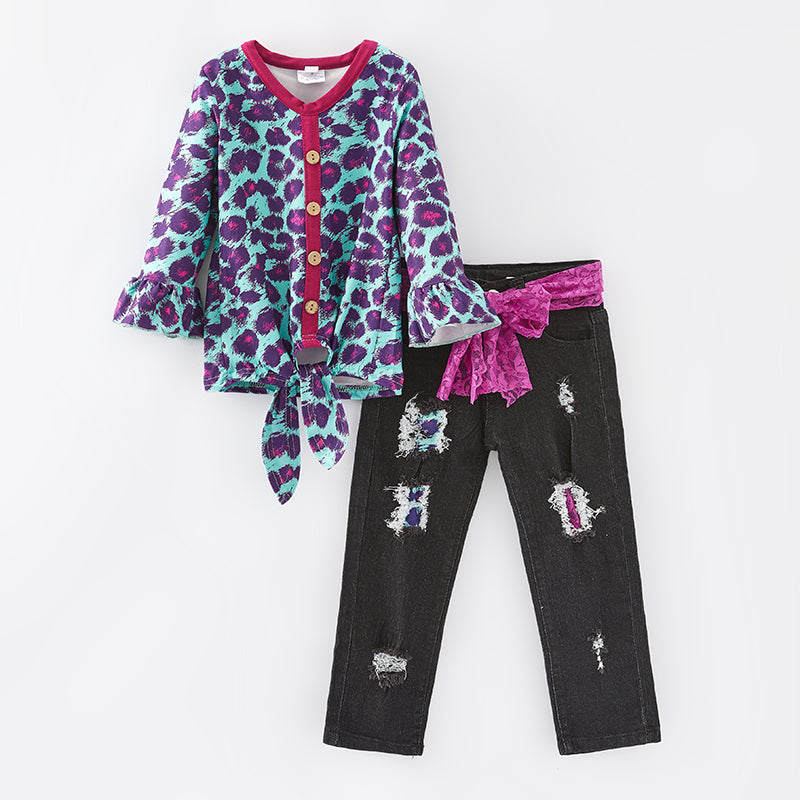 （In Stock L15-3-2）Girls Fall Leopard Print Denim Set