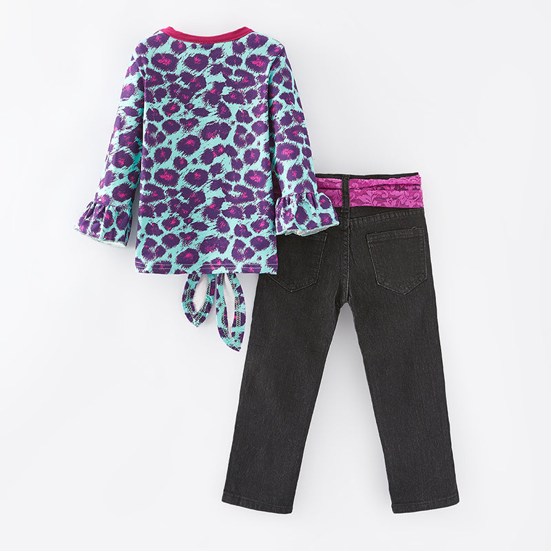 （In Stock L15-3-2）Girls Fall Leopard Print Denim Set