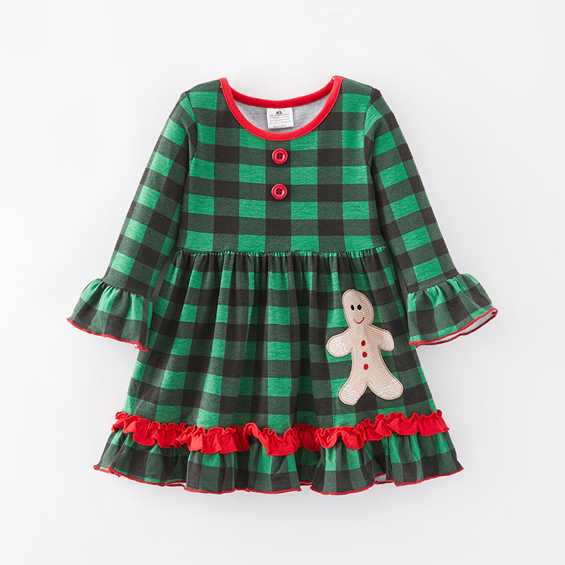 （In Stock E35-3-3）Girls Christmas Gingerbread Man Applique Dress