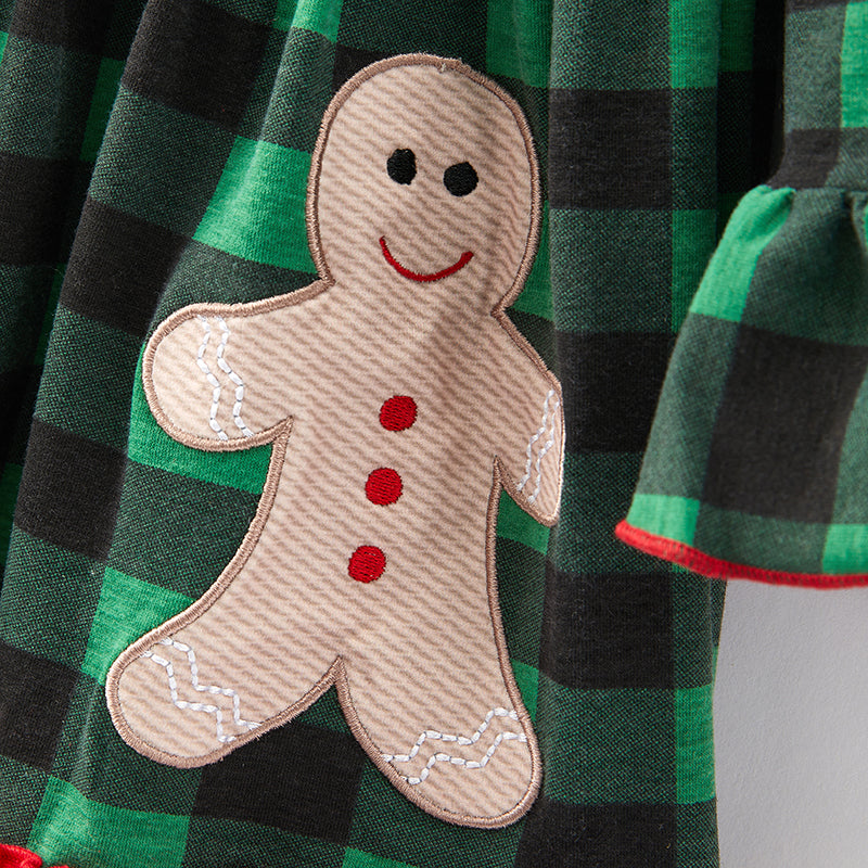 （In Stock E35-3-3）Girls Christmas Gingerbread Man Applique Dress