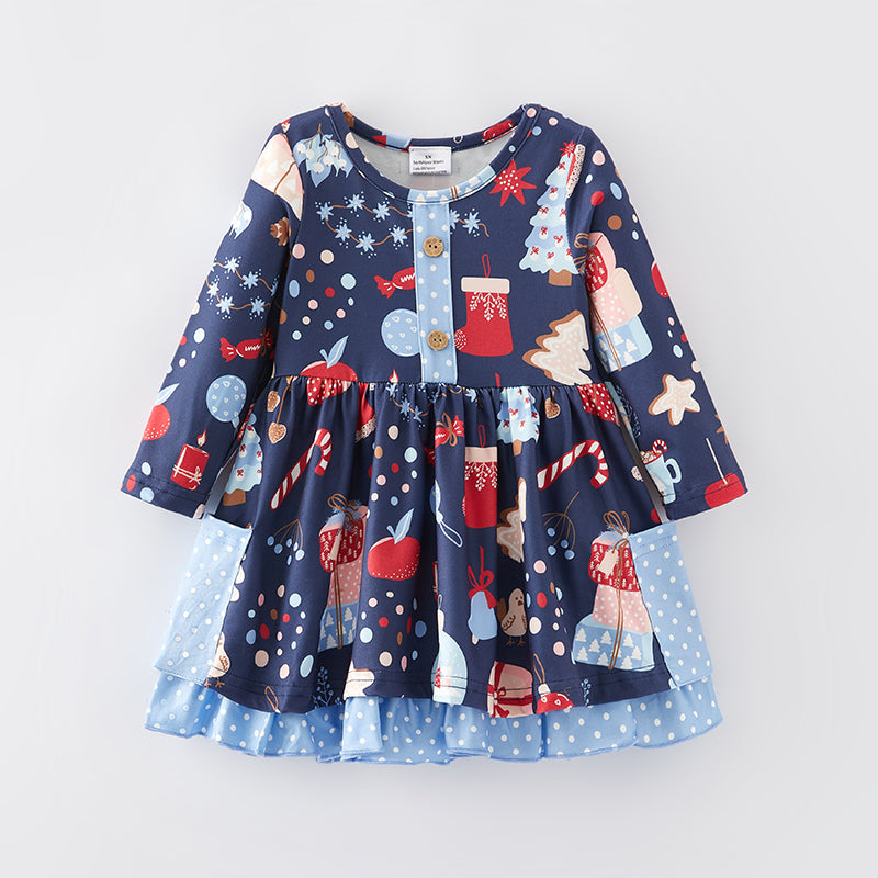 （In Stock E35-2-3）Girls Christmas Print Dress