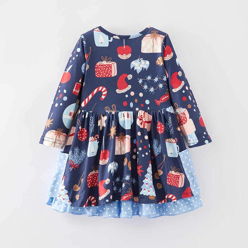 （In Stock E35-2-3）Girls Christmas Print Dress