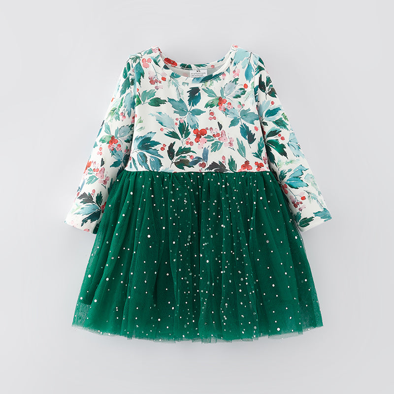 （In Stock E35-1-3）Girls Christmas Print Tulle Dress