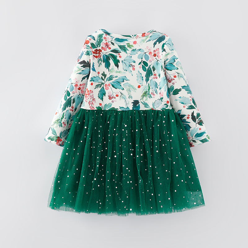 （In Stock E35-1-3）Girls Christmas Print Tulle Dress