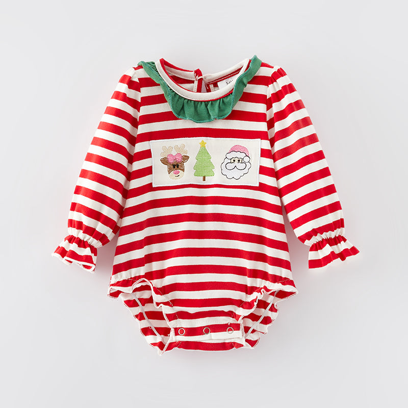 （In Stock E34-3-2）Baby Girls Christmas Embroidery Stripe Romper