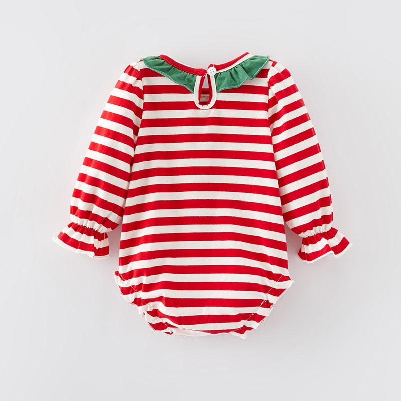 （In Stock E34-3-2）Baby Girls Christmas Embroidery Stripe Romper