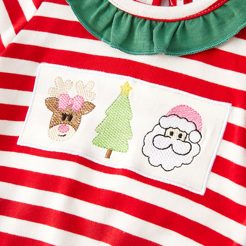 （In Stock E34-3-2）Baby Girls Christmas Embroidery Stripe Romper