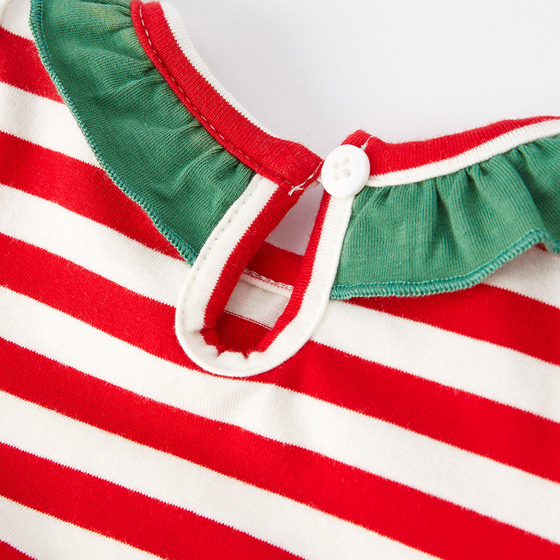 （In Stock E34-3-2）Baby Girls Christmas Embroidery Stripe Romper