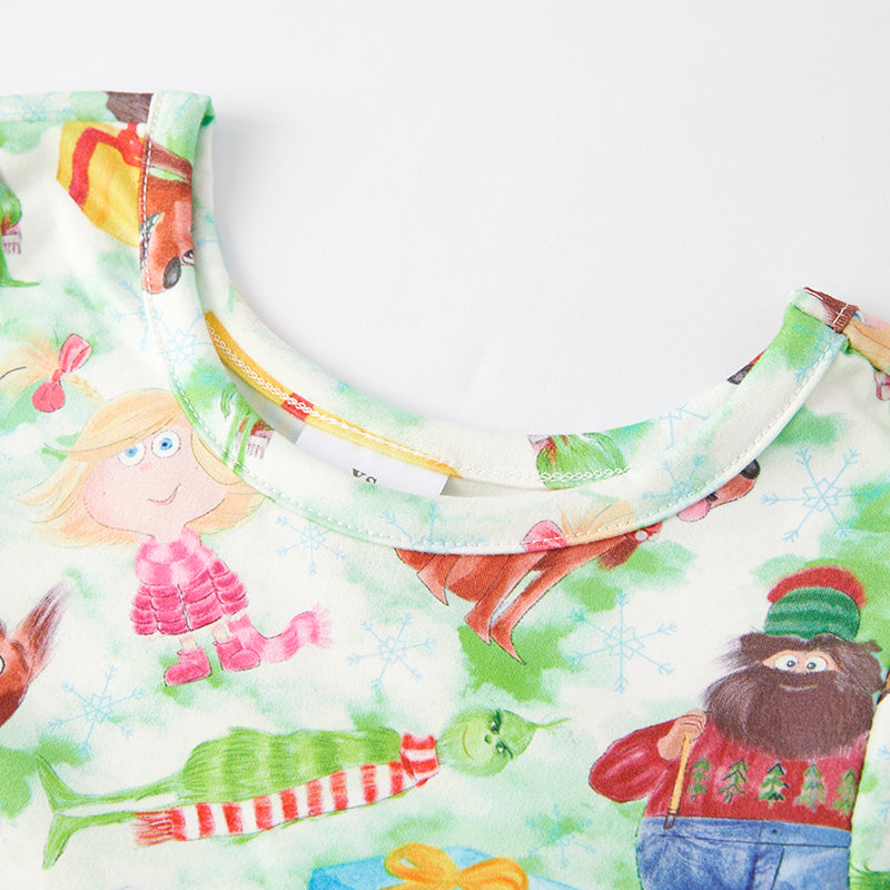 （In Stock G8-3-2 G7-2-2）Girls Christmas Cartoon Print Dress