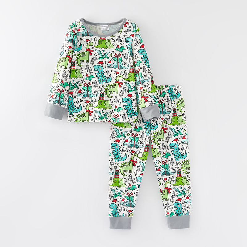 （In Stock G7-2-2）Boys Christmas Dino Print Pajamas