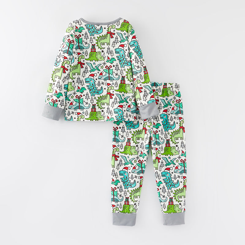 （In Stock G7-2-2）Boys Christmas Dino Print Pajamas