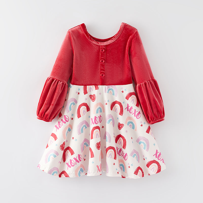 （In Stock L8-1-2）Girls Valentine's Day Print Velvet Dress