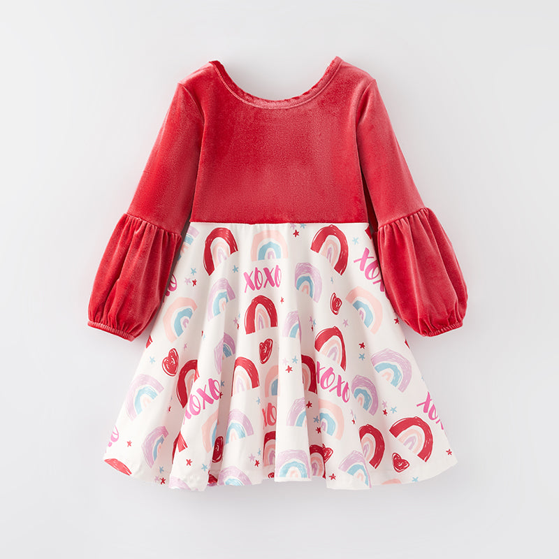 （In Stock L8-1-2）Girls Valentine's Day Print Velvet Dress