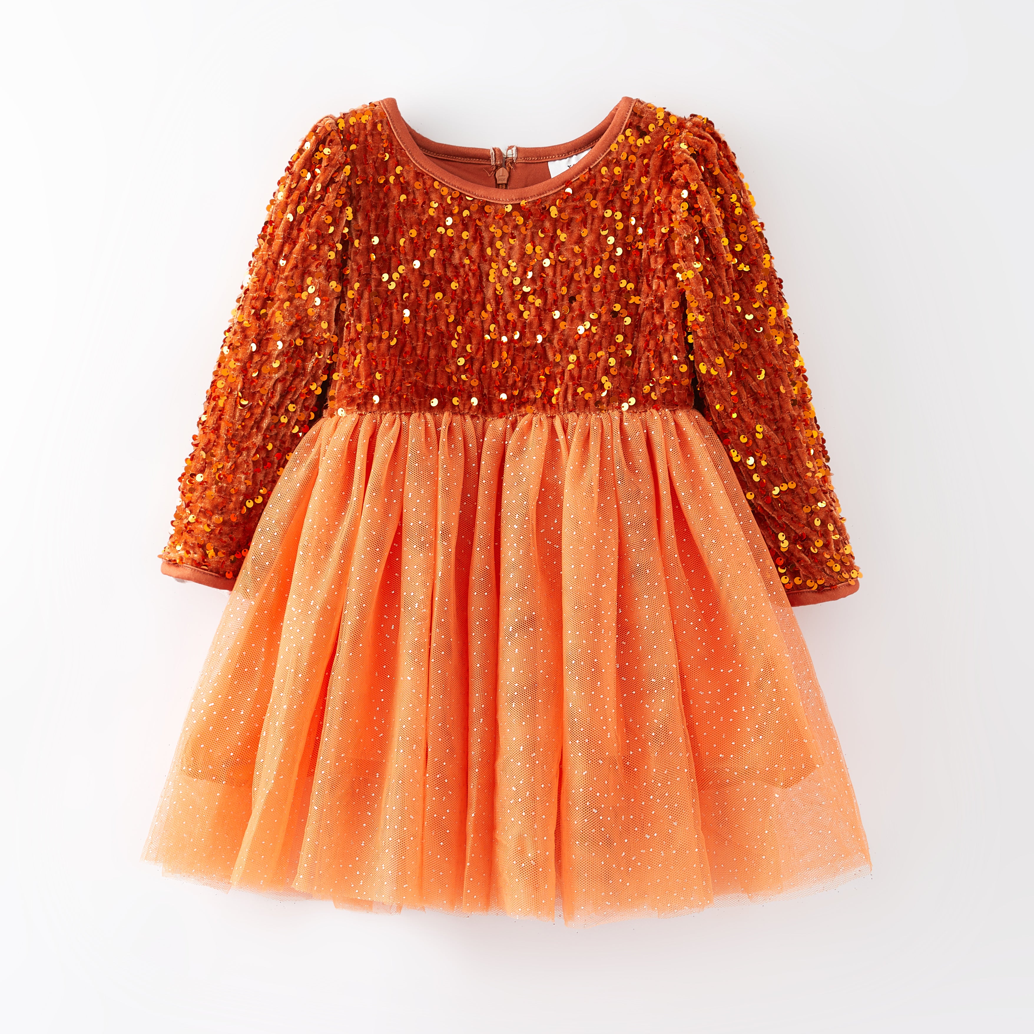 （In Stock E33-1-1）Girls Orange Sequined Tulle Dress