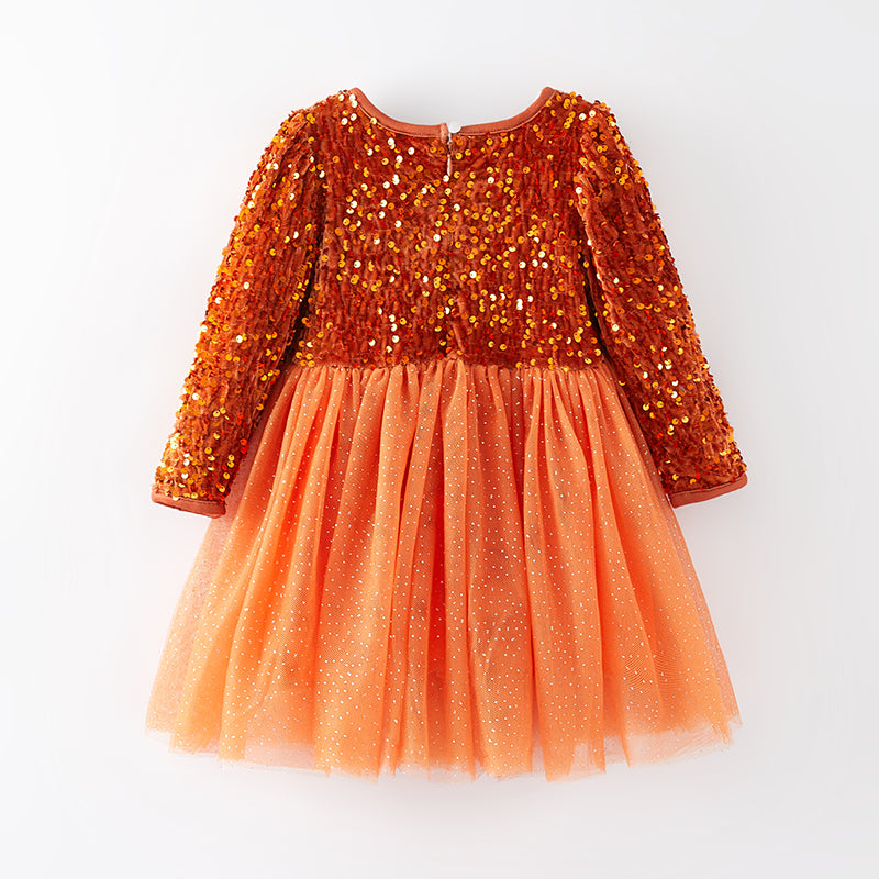 （In Stock E33-1-1）Girls Orange Sequined Tulle Dress