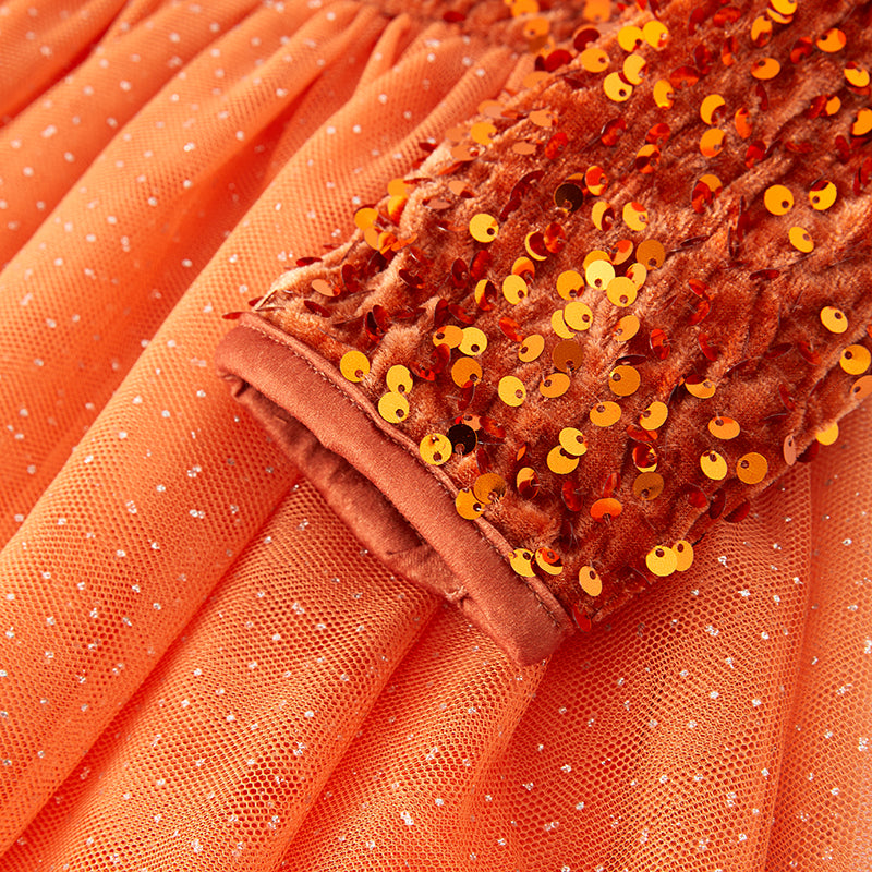 （In Stock E33-1-1）Girls Orange Sequined Tulle Dress