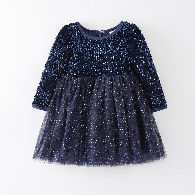 （In Stock E33-3-1）Girls Dark Blue Sequined Tulle Dress