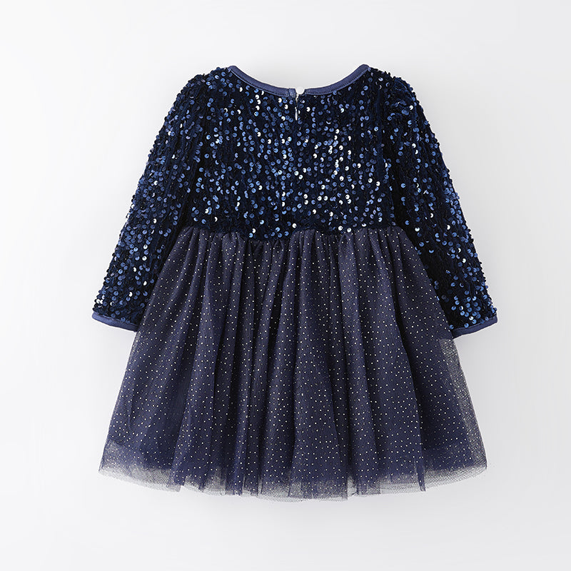 （In Stock E33-3-1）Girls Dark Blue Sequined Tulle Dress