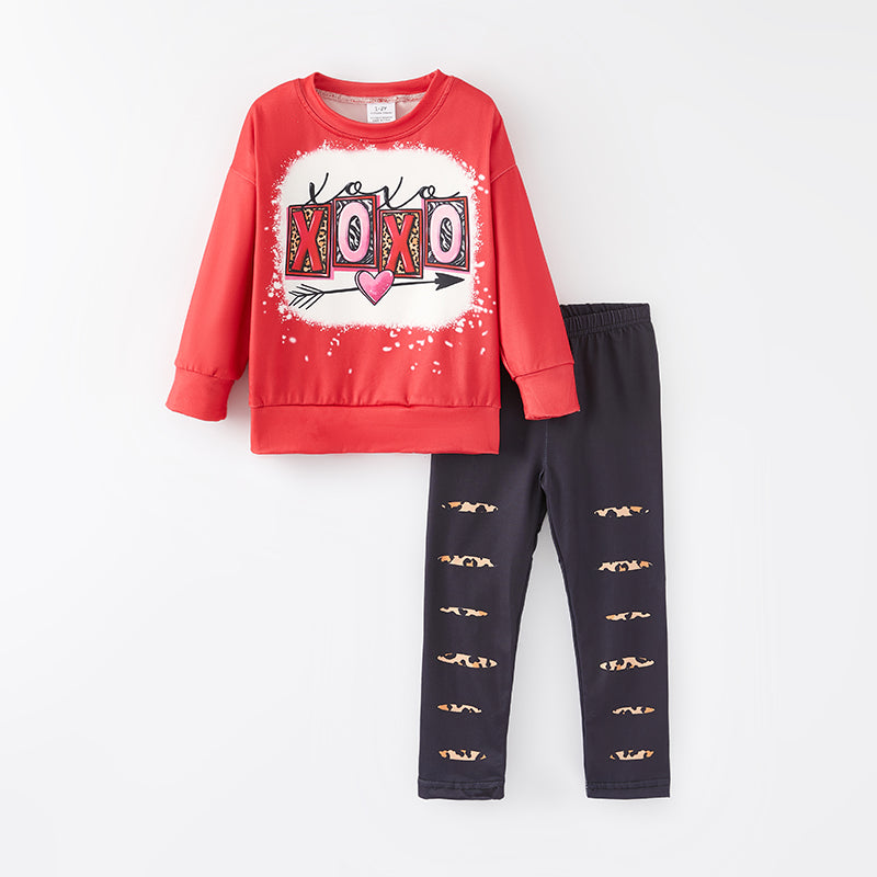 （In Stock L8-1-3）Girls Valentine's Day XOXO Print Outfit Set