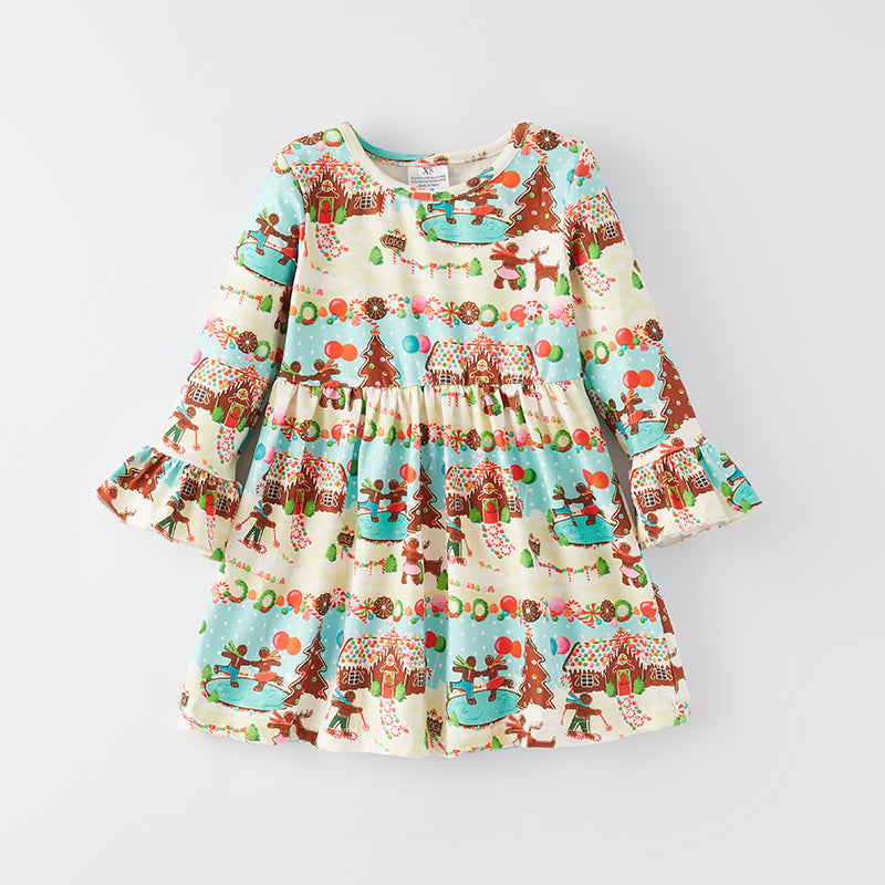 （In Stock G9-1-1）Girls Christmas Gingerbread Man Print Dress