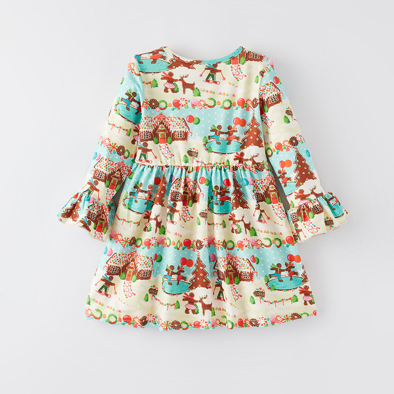 （In Stock G9-1-1）Girls Christmas Gingerbread Man Print Dress