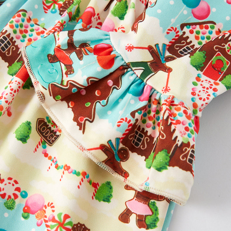 （In Stock G9-1-1）Girls Christmas Gingerbread Man Print Dress