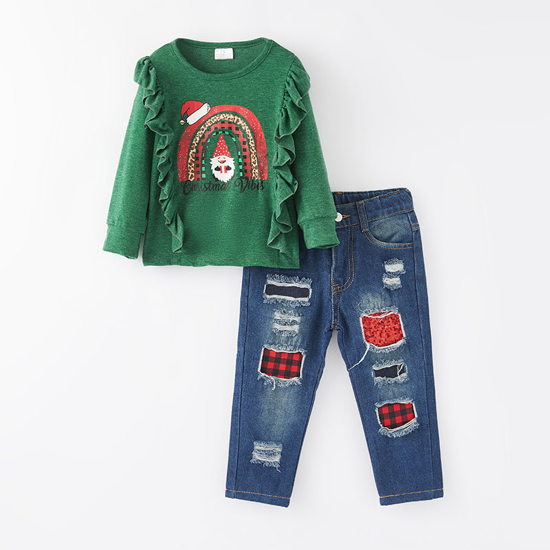 （In Stock G8-1-1）Girls Christmas Print Denim Set