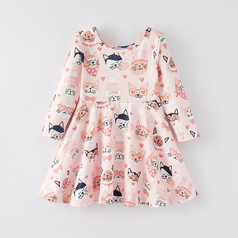 （In Stock L32-4-3）Girls Valentine's Day Kitty Print Dress