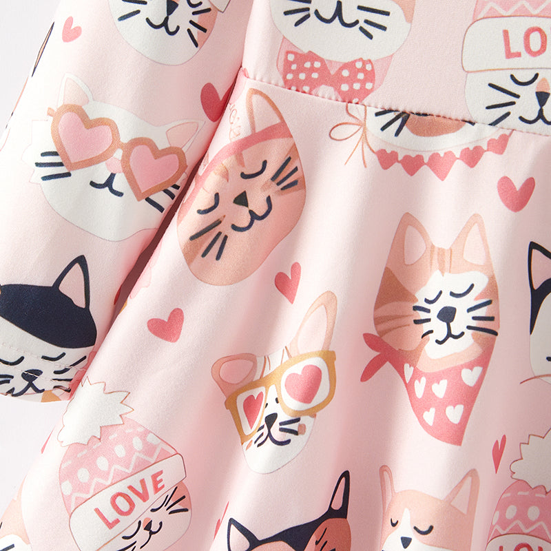 （In Stock L32-4-3）Girls Valentine's Day Kitty Print Dress