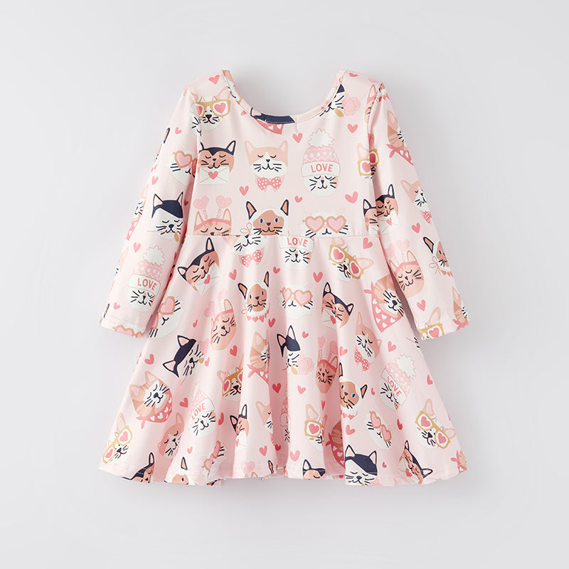 （In Stock L32-4-3）Girls Valentine's Day Kitty Print Dress