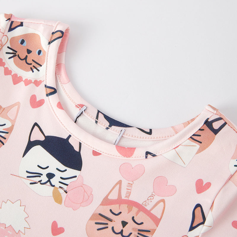 （In Stock L32-4-3）Girls Valentine's Day Kitty Print Dress