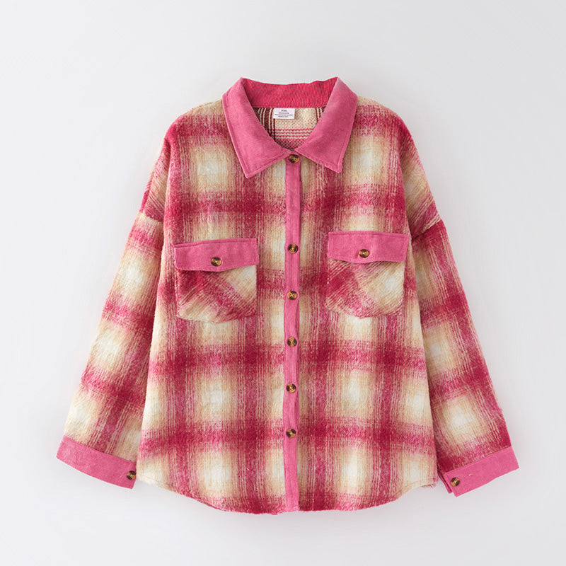 （In Stock Q8-4-1）Adults Fall and Winter Pink Plaid Coat