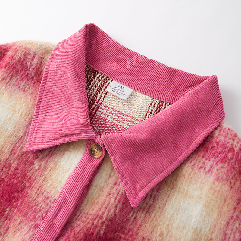 （In Stock Q8-4-1）Adults Fall and Winter Pink Plaid Coat