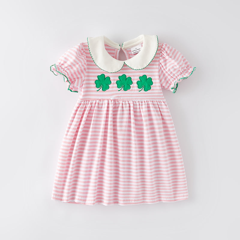 （In Stock G22-4-1）Girls St.Patrick's Day Shamrock Applique Stripe Dress