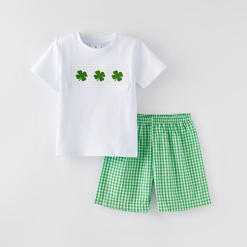 （In Stock G25-3-1）Boys St.Patrick's Day Shamrock Embroidery Smocked Outfit Set