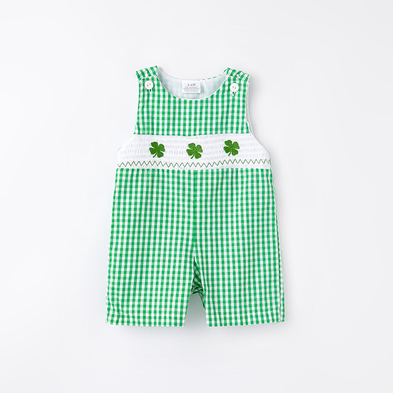 （In Stock G23-3-1）Baby Boys St.Patrick's Day Shamrock Embroidery Smocked Romper