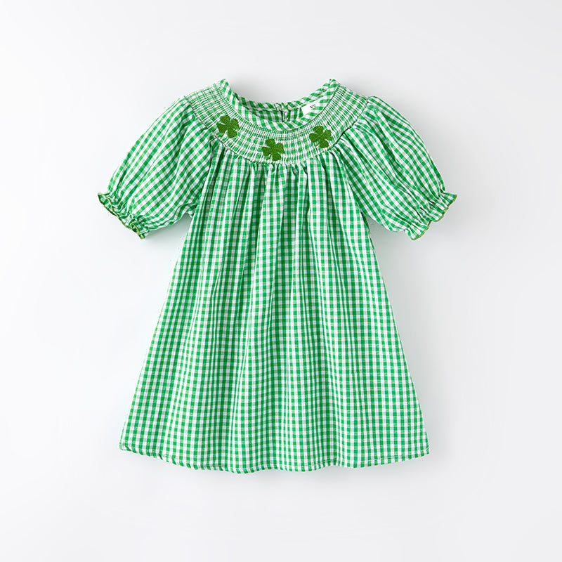 （In Stock G23-5-1）Girls St.Patrick's Day Shamrock Embroidery Smocked Dress