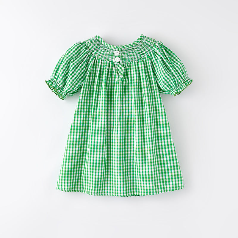 （In Stock G23-5-1）Girls St.Patrick's Day Shamrock Embroidery Smocked Dress