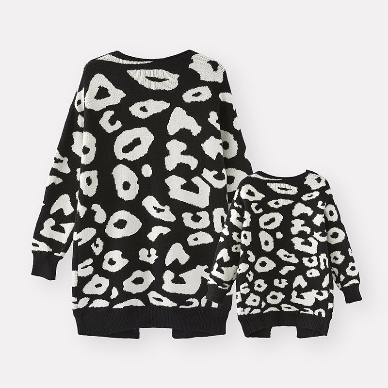 （In Stock G24-3-1 ）Mommy and Me Fall Black-and-white Leopard Print Sweater Cardigan