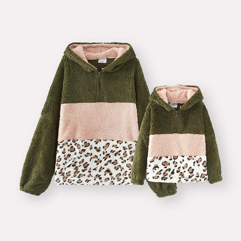 （In Stock G26-3-1 G26-1-1）Mommy and Me Fall Color-matching Leopard Print Fleece Hoodie